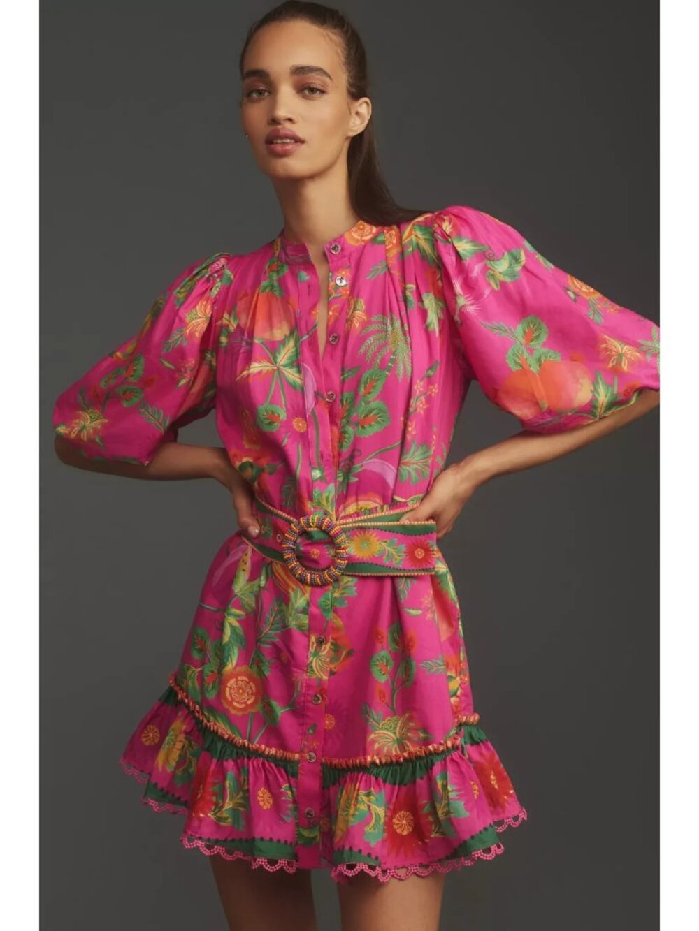 NWT Farm Rio Delicate Fruit Garden Mini in Pink Belted Shirt Dress XL